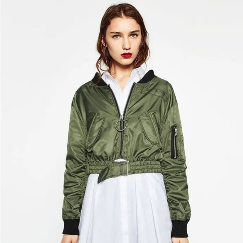 ZARA KHAKI MILITARY CROPPED NYLON JACKET SIZE MEDIUM OLIVE GREEN PRELOVED